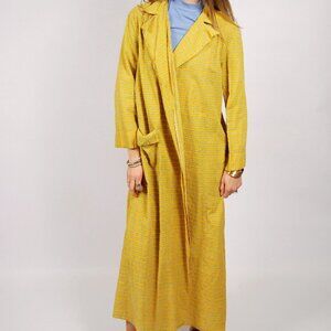 70s Duster Jacket (L) large yellow blue vintage womens dot print maxi trench
